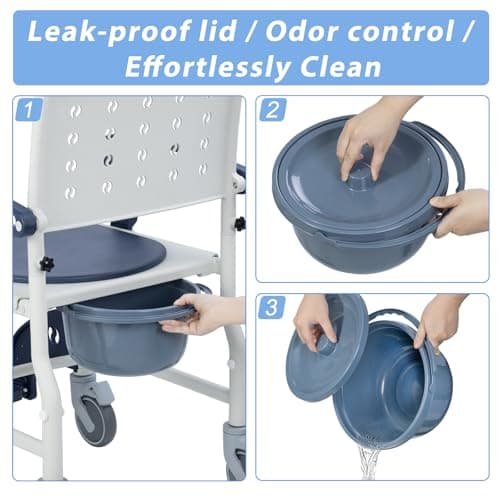 Soaids 4-in-1 Rolling Shower Chair with Wheels for Elderly & Disabled Adults, Padded Toilet Chair, Bedside Commode, Transport Wheelchair with Locking Caster for Bathroom, Home Care (Navy Blue) 7