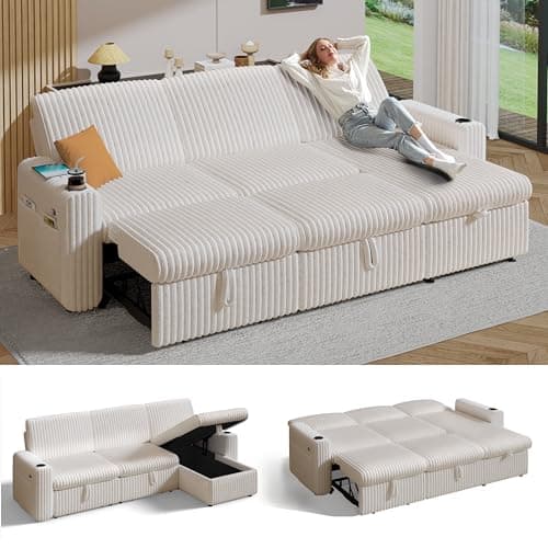 Sunny Heart 101" Plush Corduroy L Shaped Sectional Sleeper Sofa Bed with Pull Out Bed, Reclining Backrest, Reversible Storage Chaise, USB Ports, Cup Holders, Tool Free Assembly, Beige