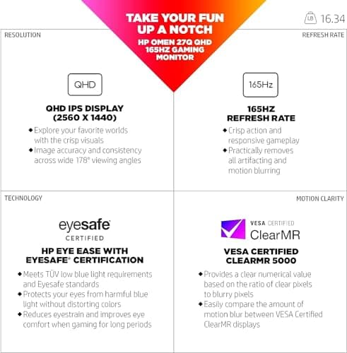 HP OMEN 27q 27 inch QHD Gaming Monitor 165Hz IPS 1ms AMD Freesync Premium Console Compatible DisplayPort Dual HDMI VESA Mountable for Laptop Computer PS5 Xbox Desk Setup, Black (Renewed) 2