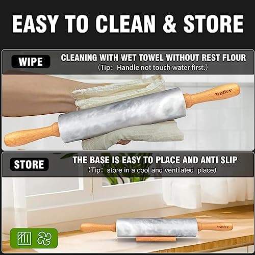 Walfos Marble Rolling Pin With Wooden Handles & Wood Cradle, 16.5 Inch Marble Rolling Pins For Making Pizza Dough And Tortillas, Dough Roller For Pie Crust, Cookie, Pasta (Gray & White) 5