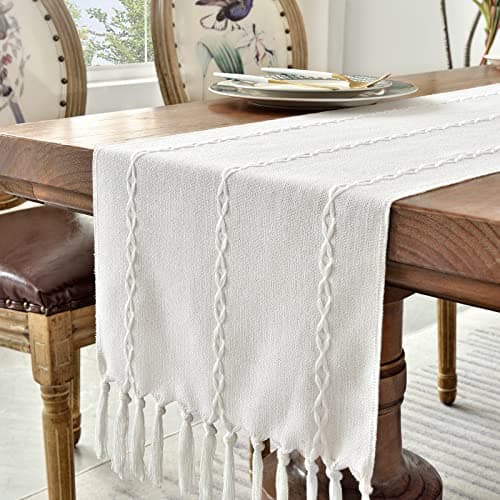 Wracra Rustic Linen Table Runner Farmhouse Style Table Runners 72 inches Long Embroidered Table Runner with Hand-Tassels for Party, Dresser Decor and Dining Room Decorations (White, 13"×72") 7