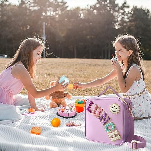 Insulated Lunch Bag With Adjustable Shoulder Strap, Nylon Preppy Lunch Box Large Insulated Lunch Bag Reusable Lunch Tote Bag with Smiley Preppy LunchBag for Girls School Travel Picnic (Purple) 3