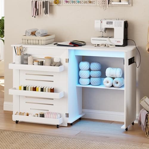 Lvifur Folding Sewing Table - with Storage, Lighted Sewing Cabinet with Charging Station, Farmhouse Sewing Desk with Motion Sensor Lights, Cutting Table with 3 Storage Trays,6 Wheels,White 9