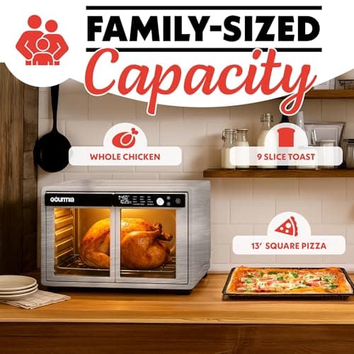 Gourmia French Door Air Fryer Oven - 37 Qt Large Capacity Convection Toaster Oven, FryForce 360°, Digital Display, 12 Cooking Presets, Dehydrate, Fits 13” Pizza, Dishwasher-Safe, Stainless Steel 6