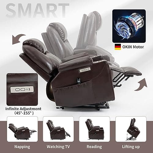 Dual Motor Power Lift Chair, Lay Flat Recliner Chair, Electric Recliner with Massage and Heat for Elderly, Remote Control, Infinite Position, Standing Assistance, USB Ports (Brown, PU Leather) 5