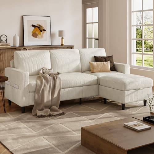 POYISOU Sectional Couches for Living Room, Small Sofa Corduroy Couch with Side Pockets, L Shaped Couch with Storage Ottoman, Modern 3 Seater Convertible Sofa for Apartment, Beige