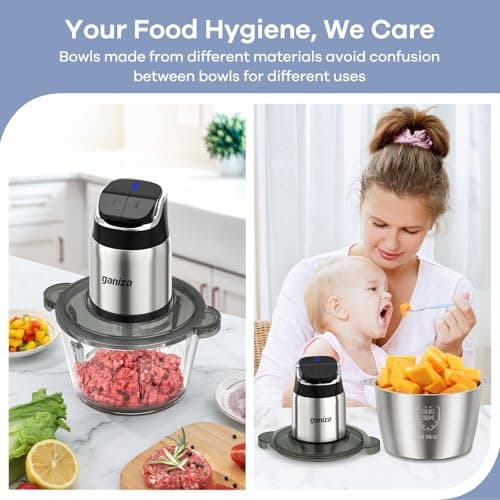 Ganiza Food Processor, 2-Speed Food Chopper Meat Grinder with 8 Cup Stainless Steel & 8 Cup Glass Bowls, Upgraded Button & Smart Overheat Protection Light - Includes Clean Brush, 2 Sets of Blades 5