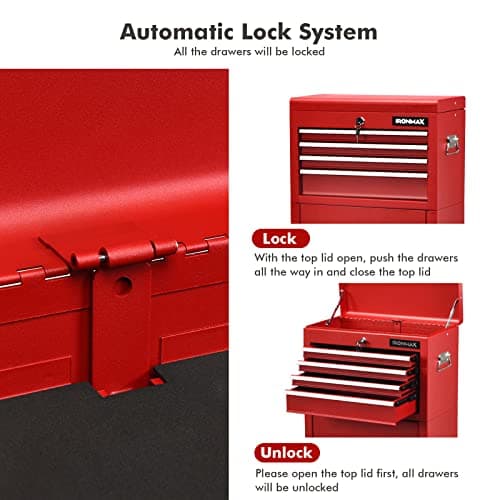 Goplus Tool Chest, 3-in-1 Rolling 6 Drawers Tool Cabinet with Detachable Top Toolbox, Middle Tool Storage, Universal Lockable Wheels, Protective Liner, Auto Lock, Metal Tool Box for Garage Workshop 5