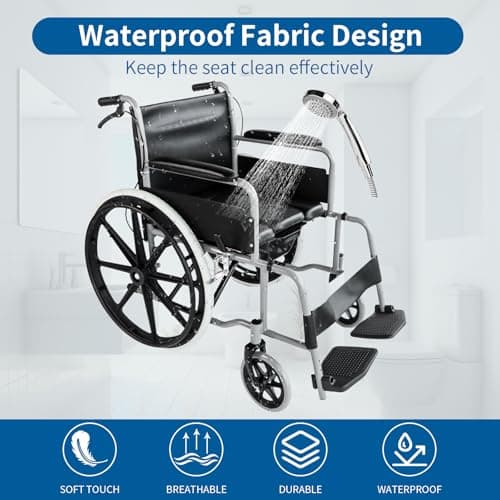 Eosprim Shower Chair with Wheels for Inside Shower, Lightweight Foldable Wheelchair, Rolling Shower Chair for Elderly & Disabled, Beside Commode Wheelchair 5