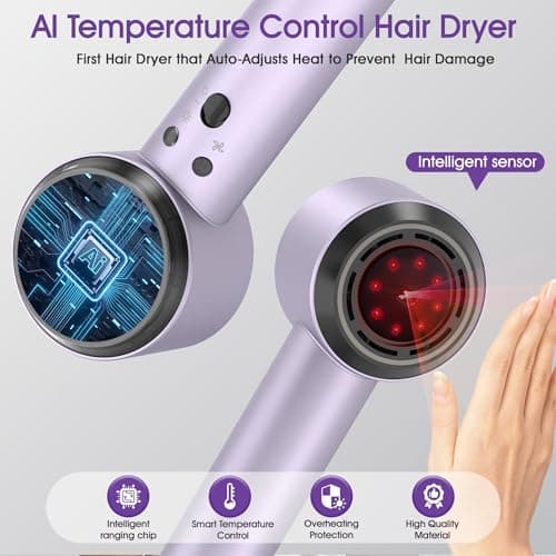 Ionic Hair Dryer with Auto-Adjusting Sensor,AI Hair Dryer with Magnetic Diffuser,160000 RPM High-Speed Hair Blow Dryer for Fast Drying,Compact Blow Dryer with 500M Plasma,Blow Dryer for Women(Purple) 2