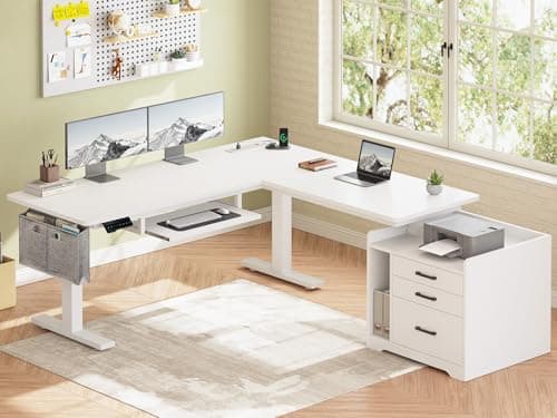 SEDETA L Shaped Electric Standing Desk with File Cabinet, 63 x 53'' Height Adjustable Home Office Computer Desk with Drawers, Power Outlet, Stand up Gaming Table with Led Lights, Keyboard Tray, White