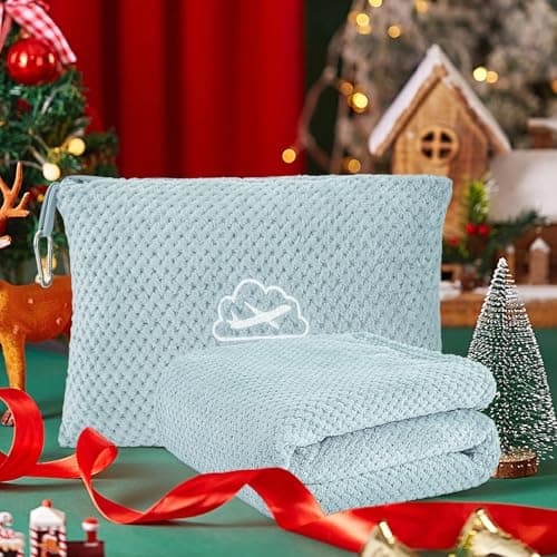 BEDELITE Travel Blanket with Bag, Ultra-Soft Jacquard Fleece Blanket with Luggage Sleeve & Backpack Clip, Airplane Blanket Travel Essentials, Blue 9