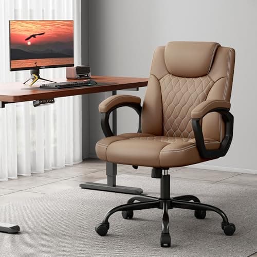 Misolant Office Chair, Executive Desk Chair, PU Leather Comfortable Ergonomic Chairs with Fixed Armrest, Adjustable Height, Rocking Function, 360° Swivel Wheels, Brown 2