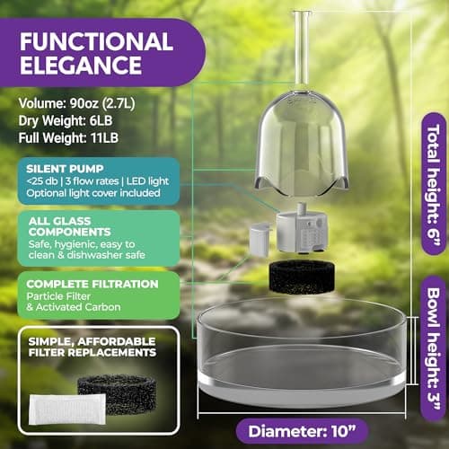 Brook Glass Pet Fountain (90oz/2.7L) – Cat & Dog Water Fountain – Glass Cat Fountain & Automatic Water Dispenser for Drinking 5