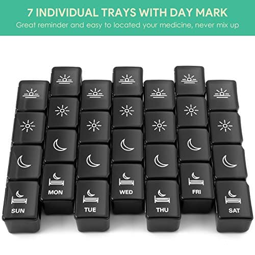 XL Pill Organizer 4 Times a Day,BUG HULL Large Weekly Pill Box for Travelling, Portable Pill Cases 7 Day pill Container Removable Daily Medicine Organizer for Cod-liver oil,Vitamins,Supplements(Black) 5