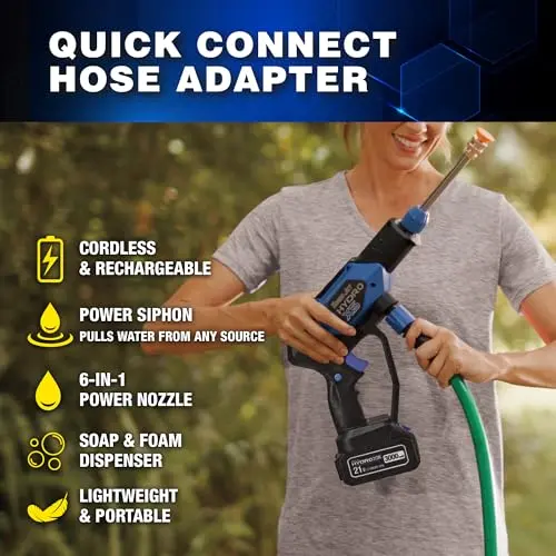 Ontel Turbo Jet HydroX5 Pro Portable Cordless Pressure Washer (21V 3000mAh Battery), 6-in-1 Nozzle, Dual Water Source, 16ft Detachable Hose 9