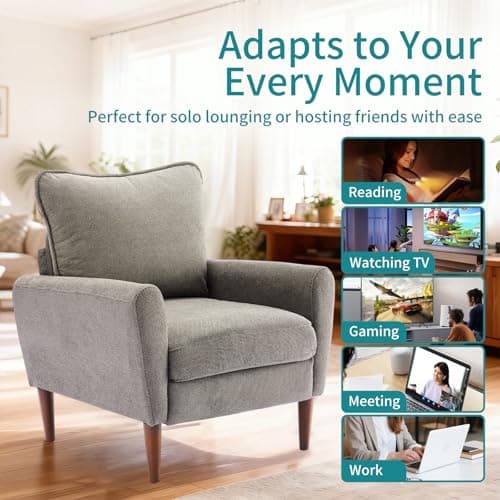 OLIXIS Comfy Accent Chair for Living Room Bedroom and Waiting Room, Upholstered Mid-Century Reading Chair with Pillow and Solid Wood Legs, Wide Singe Modern Lounge Sofa (Gray) 6