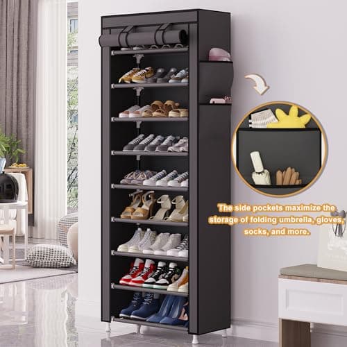 Calmootey 9 Tier Shoe Rack Organizer,Portable Shoe Shelf with Nonwoven Fabric Cover for Closet Hallway,Bedroom,Entryway,Grey 4