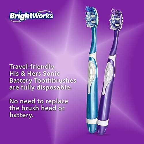 BrightWorks Sonic Battery Powered Toothbrush (2-Pack) (Blue/Purple) Soft Multi-Level Bristles for Whole Mouth, Vibrating Bristles Deep Clean, with Whitening Pads and Tongue Cleaner. 6