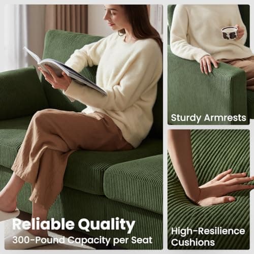 Modular Sectional Sofa with Storage Ottomans, Corduroy Cloud Couch for Small Spaces & Apartments, Reconfigurable L/U Shaped Convertible Corner Sofa, Green, 5 Seater Sectional 8