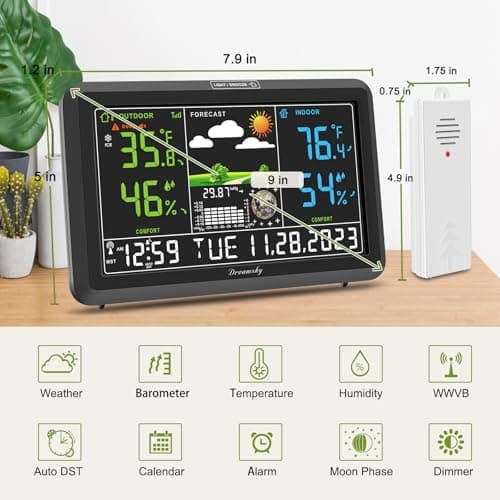 DreamSky Weather Station Indoor Outdoor Thermometer Wireless with Digital Atomic Clock for Home, Large Display with Dimmer, USB Port, Inside Outside Temperature Humidity Monitor (Plug-in) 7