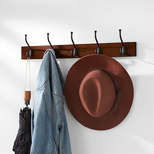 Amazon Basics Rectangular Farmhouse Wall-Mounted Coat Rack for Entryway and Bedroom, Storage Organizer, 5 Double Hooks, Light Walnut 5