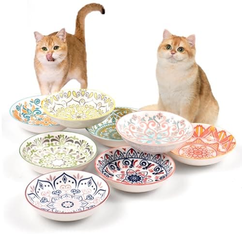 YEAHGO Cat Food Bowls for Indoor Cats Ceramic Cat Bowls Whisker Friendly Cat Dishes for Food and Water 5.5 Inches Kitten Bowls Cute Cat Feeding Bowls Set 8 Cat Wet Food Bowl Set Shallow Cat Plate