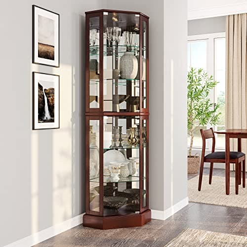 BELLEZE Lighted Corner Display Curio Cabinet,72" Tall Wooden Curved Shelving Unit with Tempered Glass Door, Bar and Liquor Storage Area with 6 Shelves - Ashfield (Walnut)