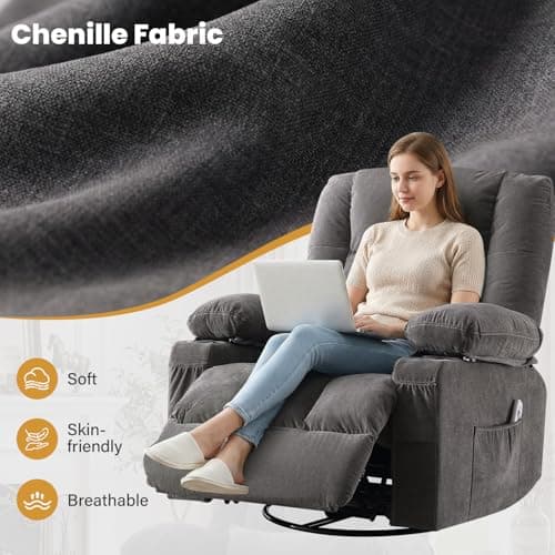 Swivel Recliner Chair for Adults with Vibration Massage and Lumbar Heat, Oversized Ergonomic Rocking Chair for Living Room and Bedroom, Featuring Side Pocket, 2 Cup Holders & USB Charge Port 8