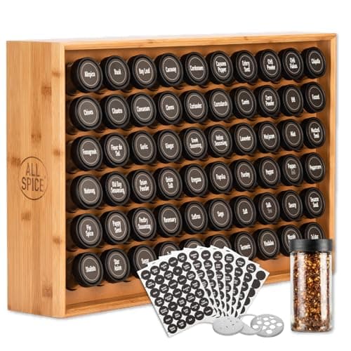 AllSpice Spice Rack Organizer, Wood, 525 Unique Labels, Countertop or Wall Mount, Includes 60 4oz Jars- Bamboo