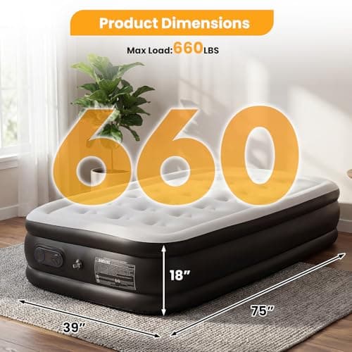 NEWBULIG 18 Inch Twin Air Mattress with Built-in High Capacity Pump - Inflatable Air Bed for Home, Camping & Guest, Double Height, Non-Slip Bottom, Portable Blow Up Mattress 660 lbs Weight Capacity 8