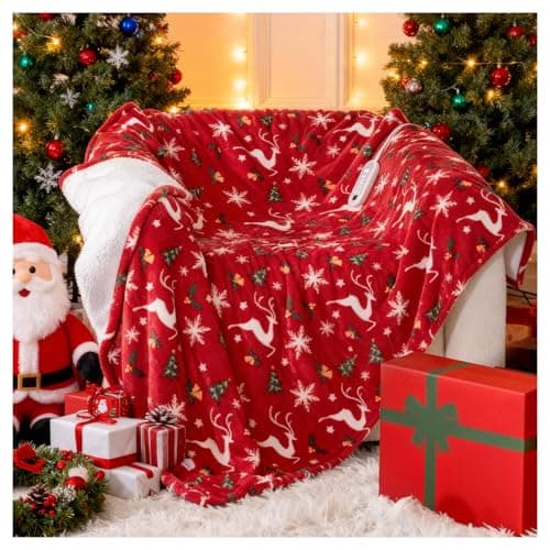 Electric Blanket Heated Throw, Soft Flannel Christmas Heated Blanket with 8 Hours Auto Off & 8 Fast Heating Levels Machine Washable Sherpa Heating Blanket with Overheating Protection Gift for Women