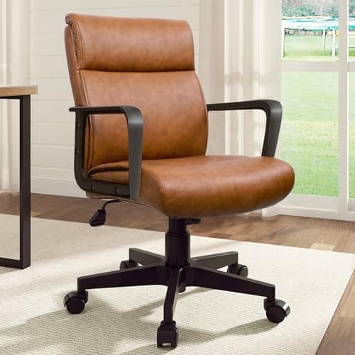 Artswish Brown Leather Office Chair, Mid-Back Ergonomic Computer Chair with Wheels Arms, 360° Swivel Adjustable Task Chair with Rolling Casters for Home Office, Bedroom, Study