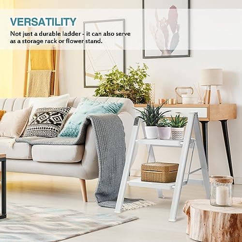 BOCOM 2 Step Ladder, Lightweight Portable Foldable Collapsible Folding Sturdy Iron Metal Step Stool with Anti-Slip Wide Pedal, Heavy Duty 330 lbs Capacity, for Home, Kitchen, Closet, Adults, White 6