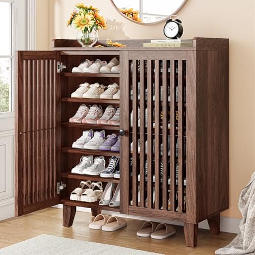 IRONCK Shoe Cabinet with Slatted Doors, 6-Tier Shoe Storage Cabinet with Adjustable Shelves, Wooden Shoe Rack Organizer for Entryway, Hallway, Closet, Living Room, Walnut
