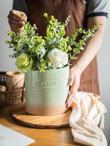 YHOSSEUN Kitchen Utensil Holder, Ceramic Utensil Holder for Kitchen Counter 6.7" Large Cooking Utensil Crock Farmhouse Utensil Organizer Storage, Oval Opening, Green 7