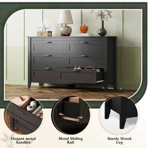 WLIVE Black Dresser for Bedroom, 6 Drawer Wood Dresser with Metal Handle, Large Double Wooden Chest of Drawers for Living Room, Hallway, Closet 7