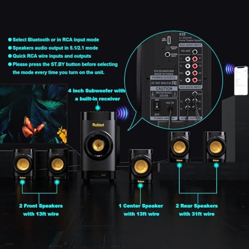 Surround Sound Systems 5.1 Home Theater System Speakers for TV Subwoofer Stereo Home Audio Wired Speakers System with HDMI ARC Optical Bluetooth Input for 4K TV Ultra HD AV DVD FM Radio USB 5