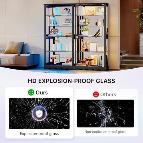 Dystler Display Cabinet with Glass Doors, 71'' Tall Curio Cabinet with RGB Lights for Collectibles, LED Display Case with Removable Shelf for Book/Medal/Figure, Black 5
