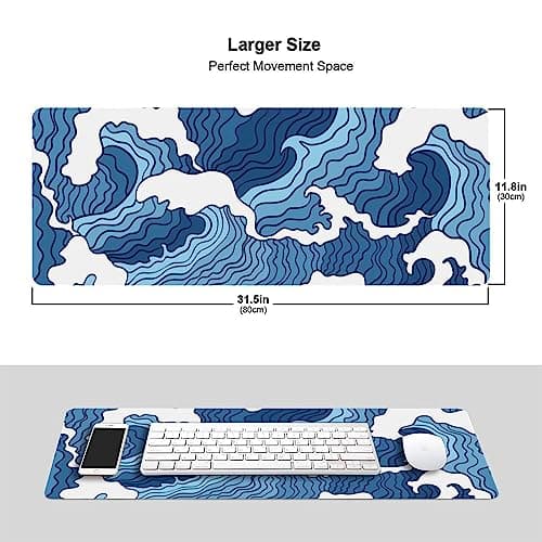 Japanese Blue and White Wave Gaming Mouse Pad XL, Non Slip Rubber Base Mousepad, Stitched Edges Desk Pad, Extended Large Mice Pad,31.5 X 11.8 Inch 6