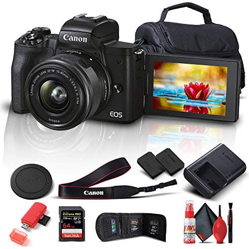 Canon EOS M50 Mark II Mirrorless Digital Camera with 15-45mm Lens (Black) (4728C006) + 64GB Extreme Pro Card + Extra LPE12 Battery + Case + Card Reader + Cleaning Set + Memory Wallet + More