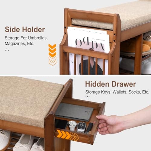 PETKABOO Shoe Bench with Hidden Drawer and Side Holder, 2 Tier Entryway Bench with Storage 39.4 in, Bamboo Shoe Rack with Cushion for Entryway Hallway Living Room Bedroom 7