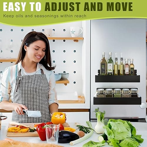Hoenart Moveable Spice Organizer, 2 Pack Metal Strong Magnetic Shelf for Fridge and Microwave Oven, Space Saving for Kitchen (Black) 7
