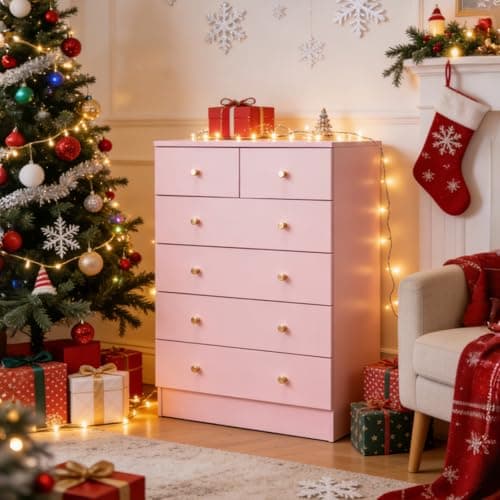 Karl home Pink 6 Drawer Dresser for Bedroom, Tall Dresser Chest of Drawers, Rustic Wood Bedroom Dressers Clothes Organizer, Anti-Tipping Device, Rose Gold Metal Handle, Living Room, Entryway, Office