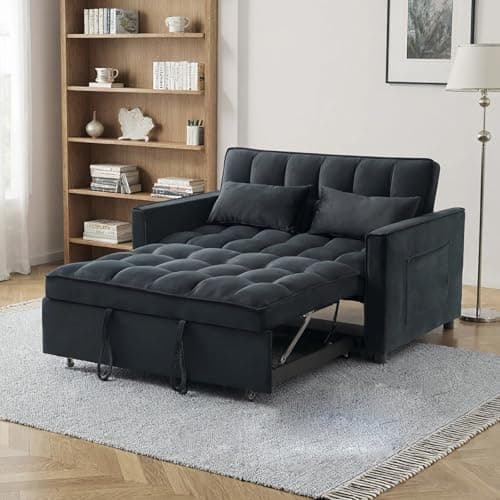 ECHINGLE Sleeper Sofa Bed, 3-in-1 Velvet Pull Out Couch with Armrests, Storage Pockets and 2 Pillows, Adjustable Backrest, Pull Out Sofa Bed Couch for Living Room, Bedroom(Black)