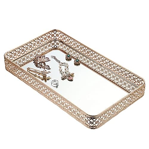 ELLDOO Gold Perfume & Makeup Vanity Tray - Hollow-Carved Jewelry Storage, Glass & Metal Trinket Organizer for Dresser & Bathroom Countertop, Large Size 8