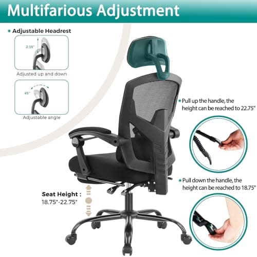 DUMOS Home Office Desk Chair with Footrest, High-Back Mesh Rolling Swivel Reclining Chairs with Wheels, Comfortable Headrest, Lumbar Support, Comfy Arms for Home, Office, Gaming, Student, Black 7
