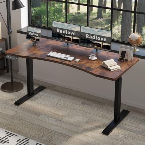 Radlove Dual Motors Height Adjustable 63 x 30 Electric Standing Desk with Curved Design Stand Up Table 4 Memory Keys, Computer Desk with Splice Board Home Office Desk, Brown Top + Black Frame