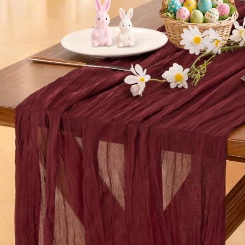 Socomi Burgundy Red Easter Spring Table Runner Cheesecloth Boho Rustic Gauze 120 inch 10FT Cheese Cloth Runner for Wedding Party Baby Shower Birthday Home Decor Holiday Decorations