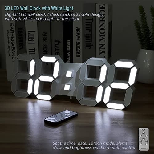 KOSUMOSU Digital Wall Clock 15" 3D LED Wall Clock Light Alarm Clock for Bedroom Living Room Decor,Modern Aesthetic Large Clock with Remote Control (White Light) 6